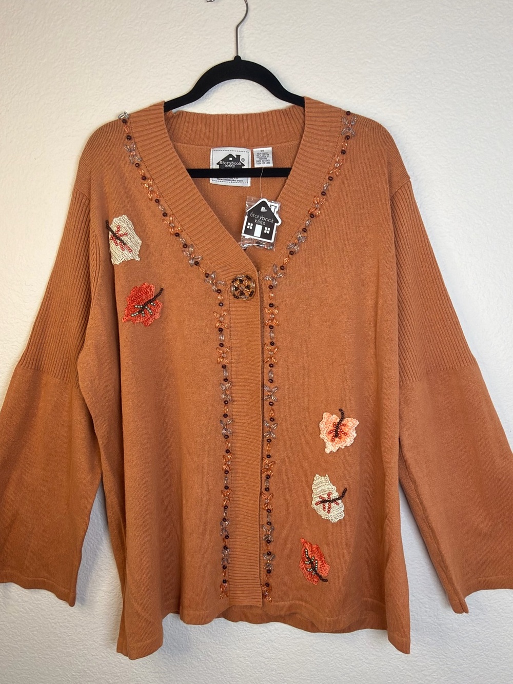 Storybook Knits 3X Thanksgiving Turkey Cardigan Sweater Beaded Leaves Fall NWT
